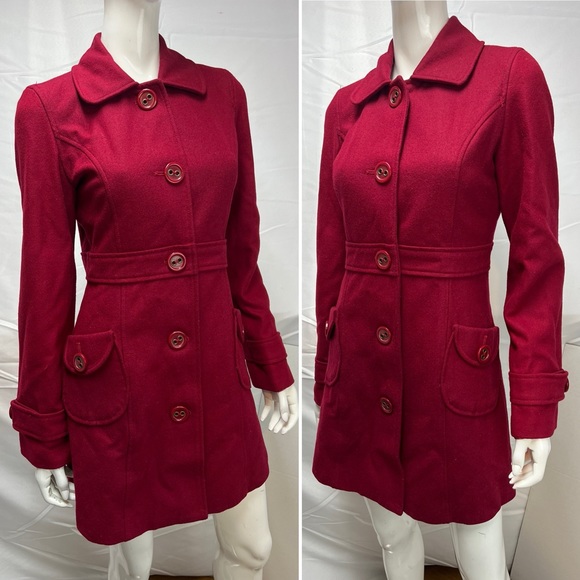 Tulle Cranberry Red Button Up Overcoat Pea Coat Small Jacket Anthropologie - Picture 2 of 7